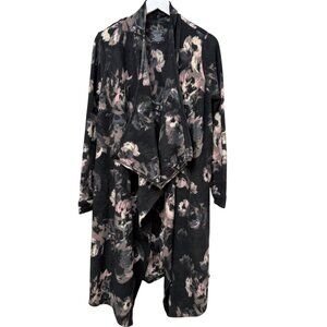 Cuddl Duds Long Fleece Cardigan Medium Gray Print Open Waterfall Duster Robe